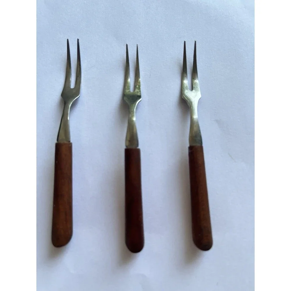 VTG Appetizer/Cocktail Forks Stainless Steel Japan Cherry Wood Handle (Lot of 3)